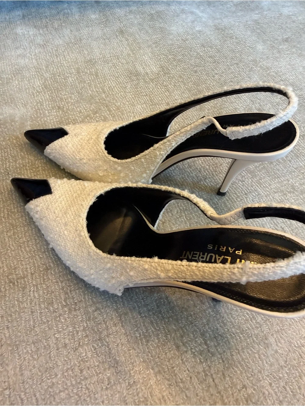 Saint Laurent Cream Tweed Slingback Pumps with Black Patent Pointed Toe - Picture 2 of 5